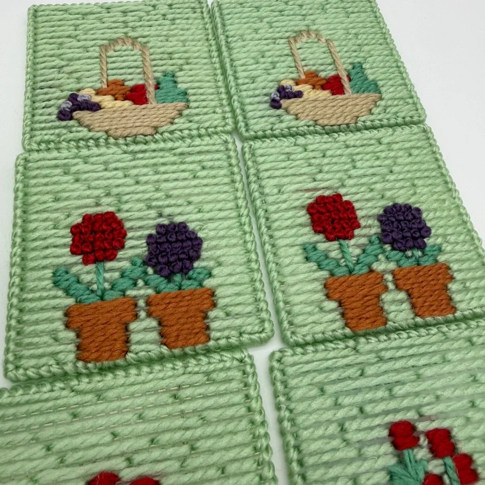 Handmade Needlepoint Coaster Set with Box‎ 8pc Mint Green Floral Vintage 4x4